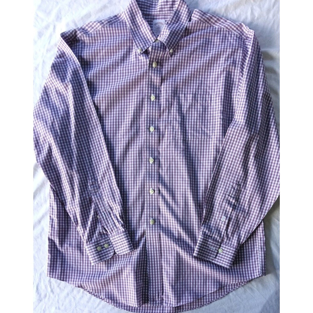 Brooks Brothers 346 Shirt Mens Large Purple Gingham Check Short Sleeve Non Iron